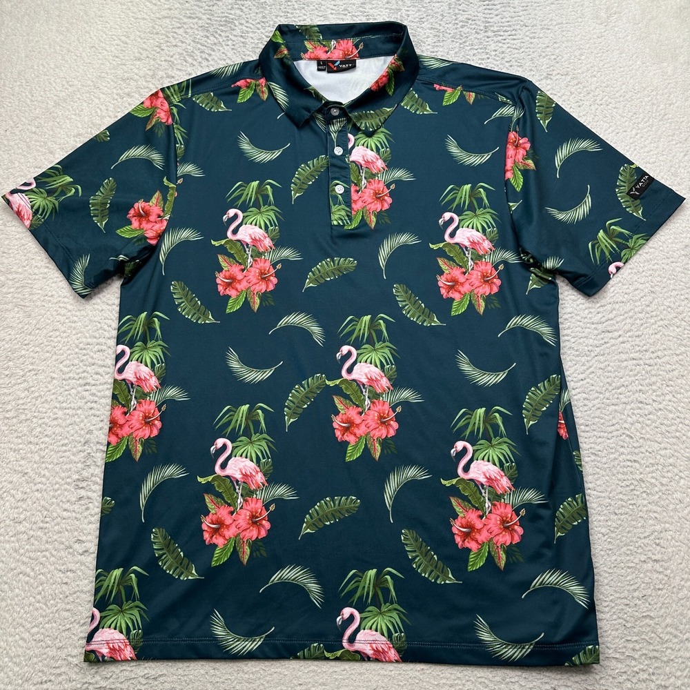 Yatta Golf Polo Shirt Mens Size Large Green Flamingo‎ Short Sleeve Performance